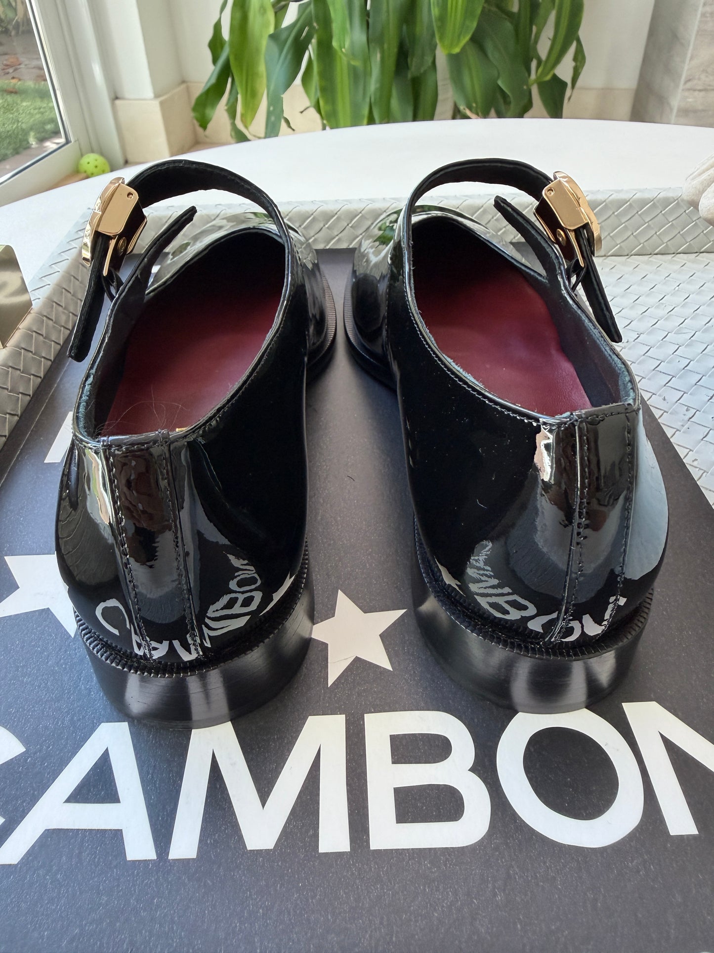 CHANEL 26B BLACK PATENT LEATHER MARYJANES GOLD CC LOGO ADJUSTABLE LOCK FLATS