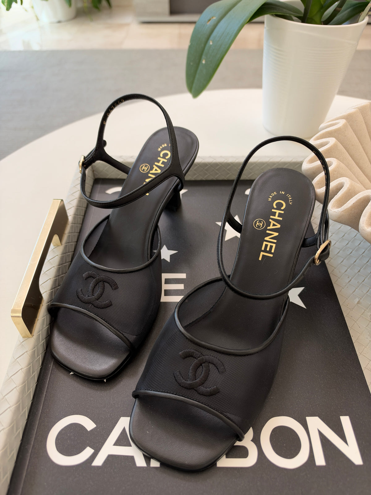 CHANEL 26 BLAZY BLACK MESH LAMBSKIN OPEN TOE CC LOGO SANDALS HEELS SHOES