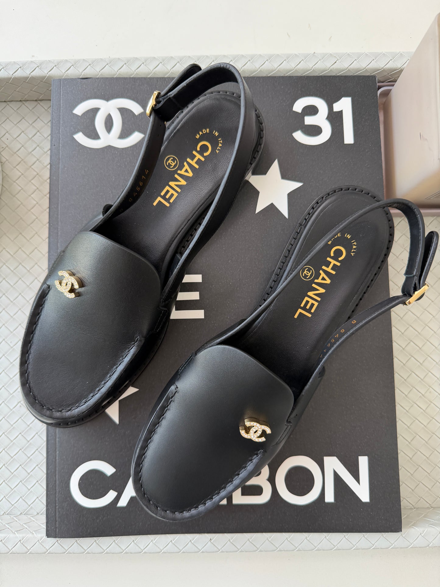 Chanel Metiers D’art 26 Strass CC Logo Black Leather Slingback Loafers Flats
