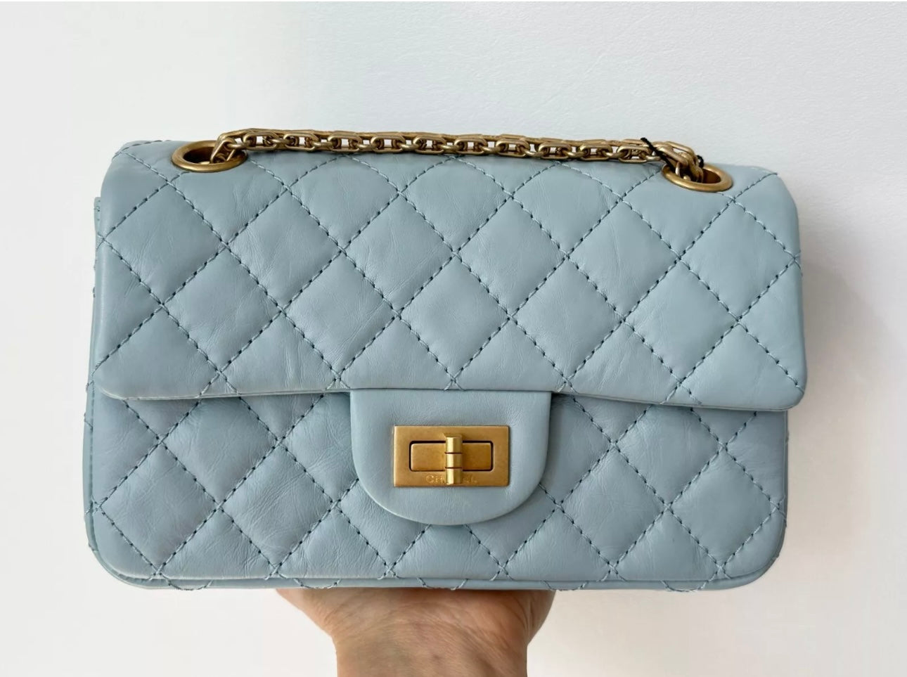 CHANEL MINI REISSUE 2.55 LIGHT BLUE CALFSKIN LEATHER BAG GHW