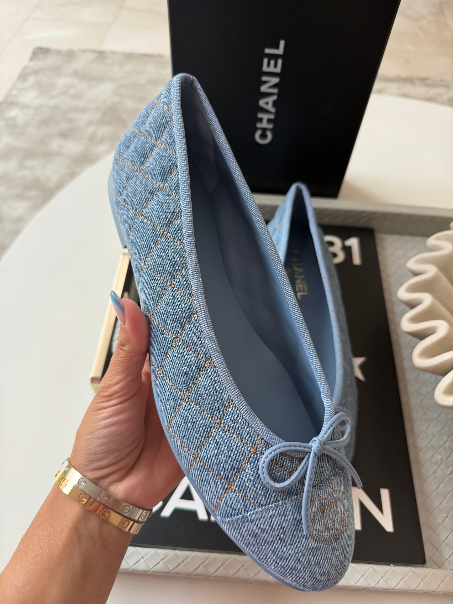 Chanel 26B Blazy Quilted Denim CC Logo Ballet Flats Light Blue Jean Ballerina