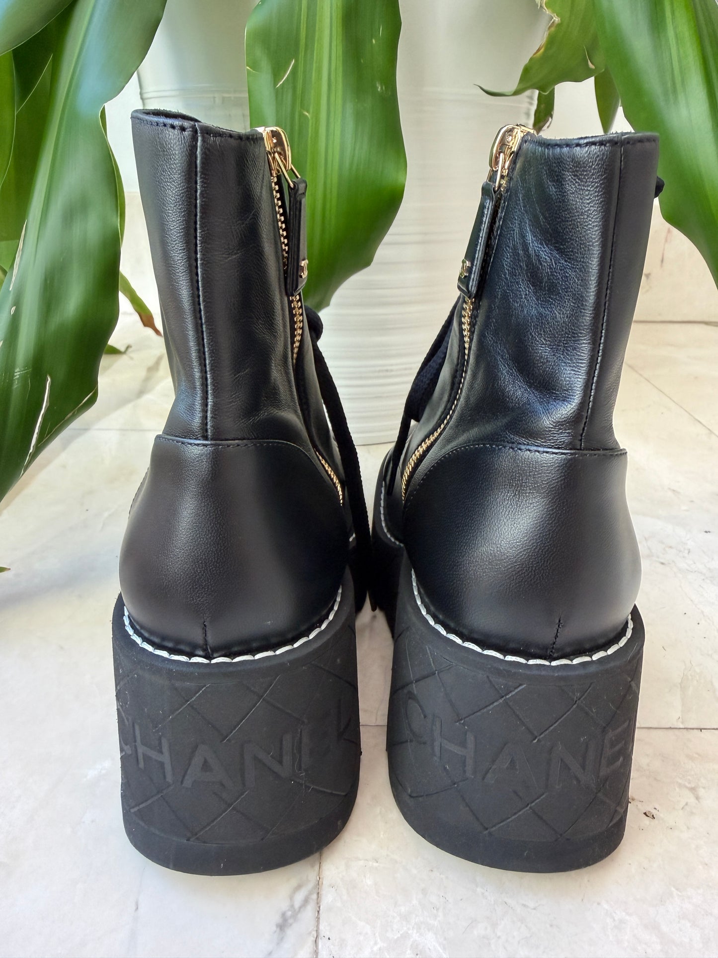 Chanel 2024 Platform Interlocking CC Logo Combat Wedge Lambskin Lace Up Ankle Boots
