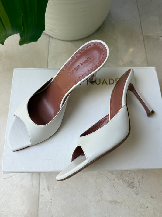 Amina Muaddi Alexa Slipper Peep Toe Slide White Leather Shoes Heels 90mm