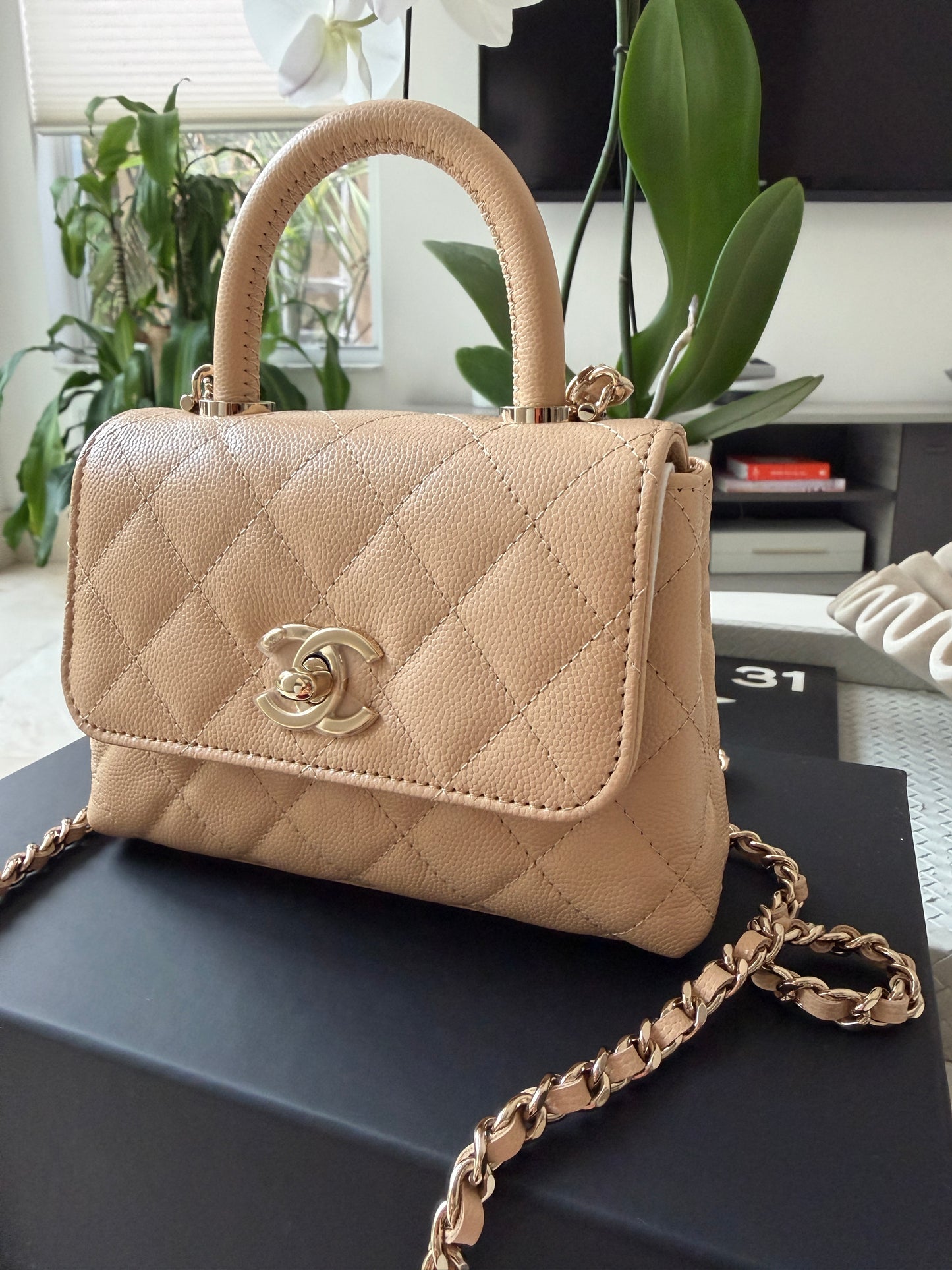 Chanel 24K AP4244 Micro Coco Handle Extra Mini Classic Flap Bag Beige Caviar Clutch with Chain Gold HW