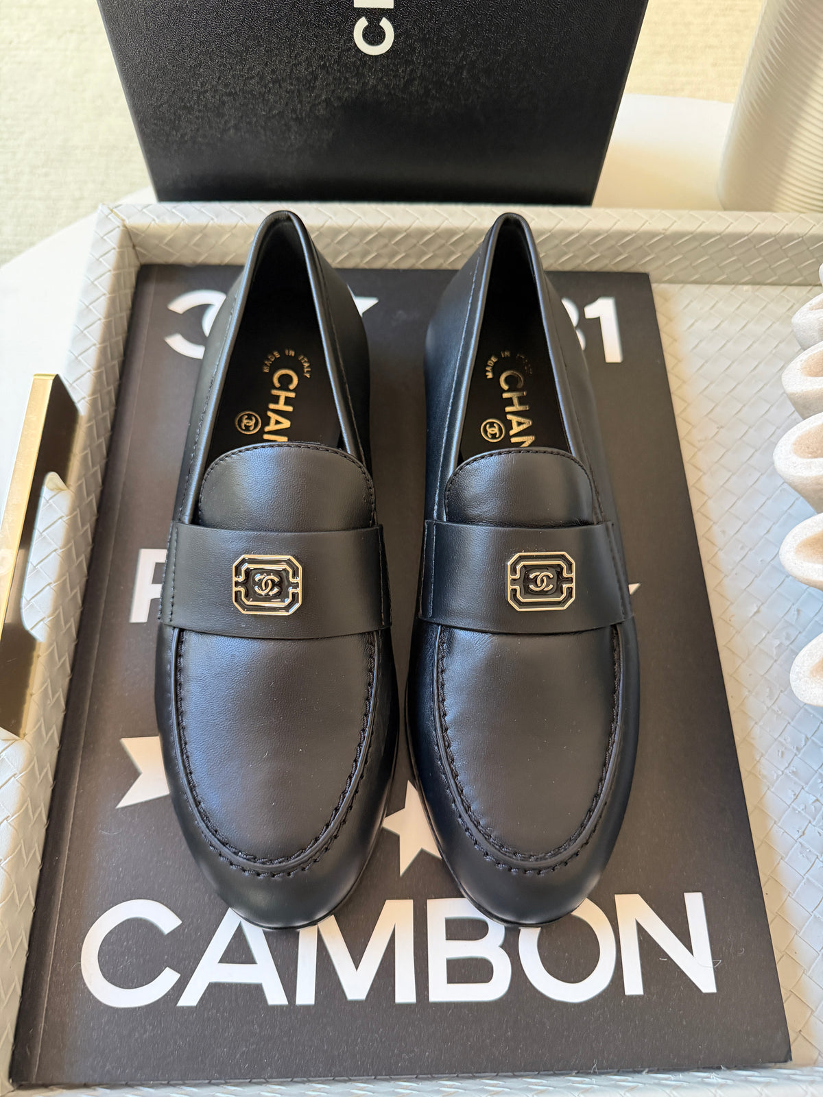 Chanel 2024 Classic Lambskin Leather Black Enamel CC Logo Moccasins Loafers Flats Shoes