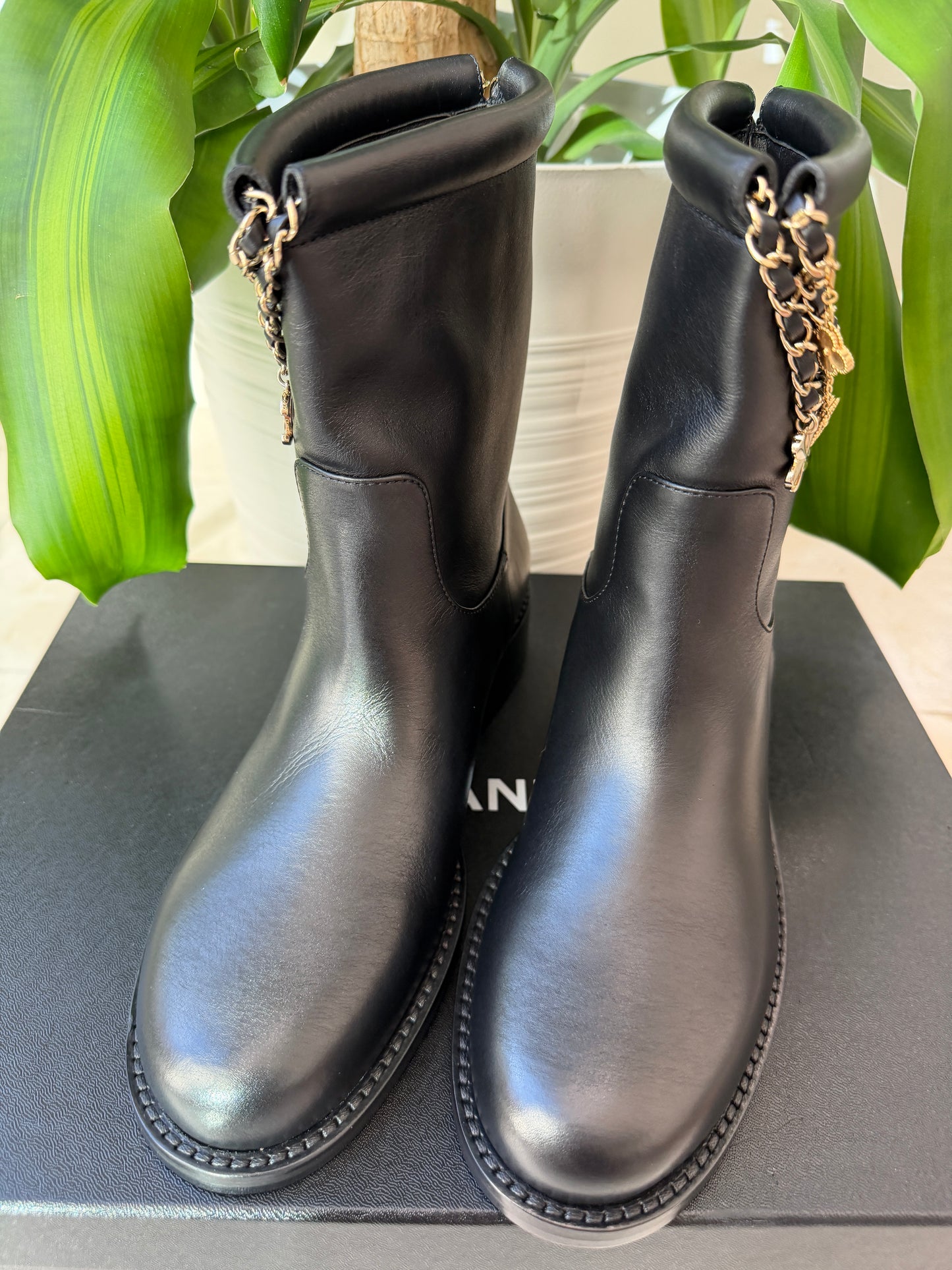 Chanel Calfskin CC Chain Logo Clover Gold Chain Charms Black Leather Boots Ankle Flat Booties