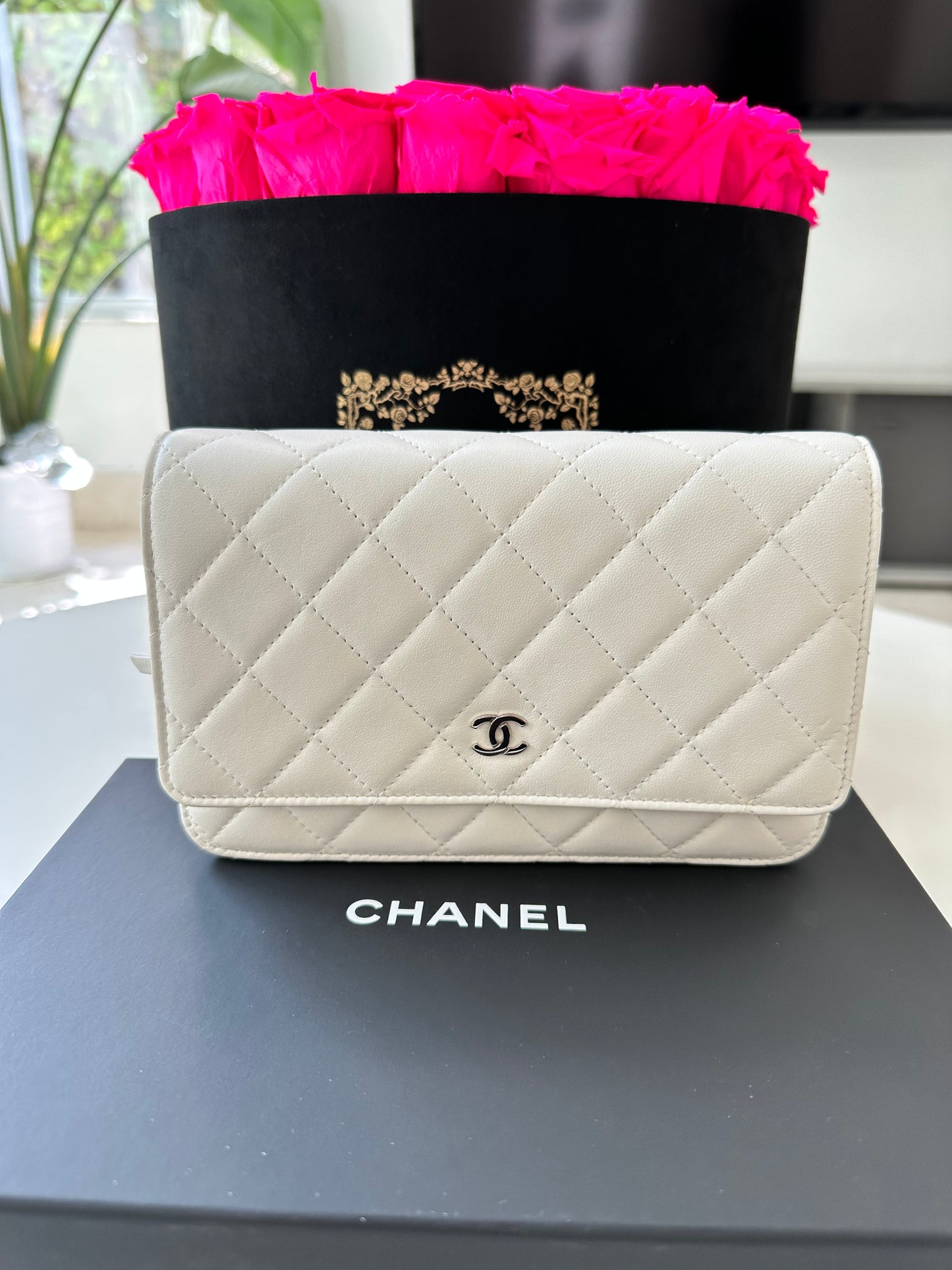 Chanel White Lambskin Leather WOC Small Chain Wallet Silver HW Cross Body Bag