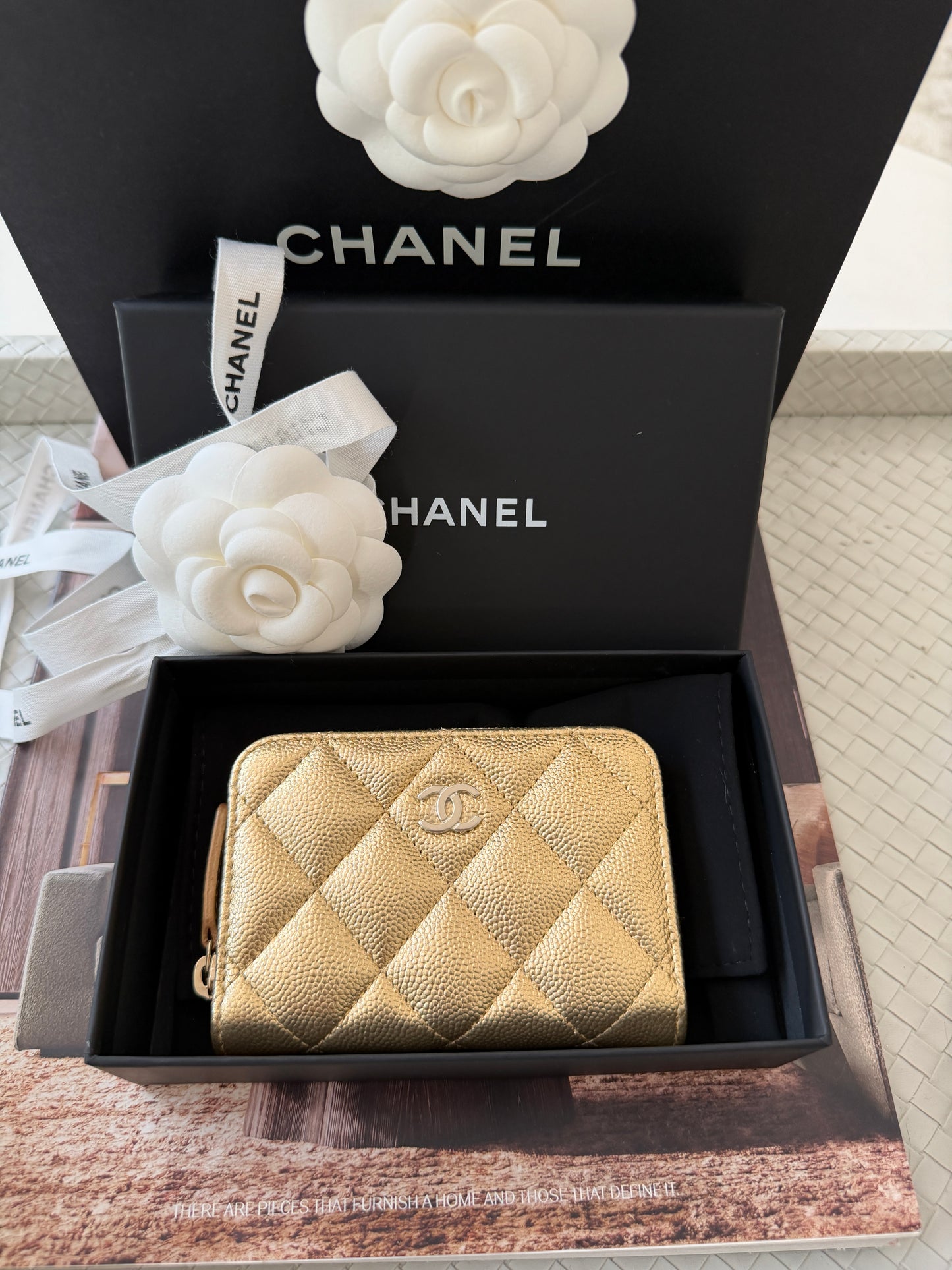 Chanel 26 Classic Zipped Zip Coin Purse Caviar Leather Gold Dore Metallic Wallet