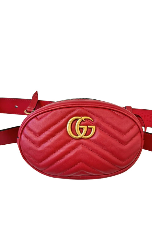 Gucci Marmont Red Leather GG Logo Belt Bag Pouch Pre-Owned