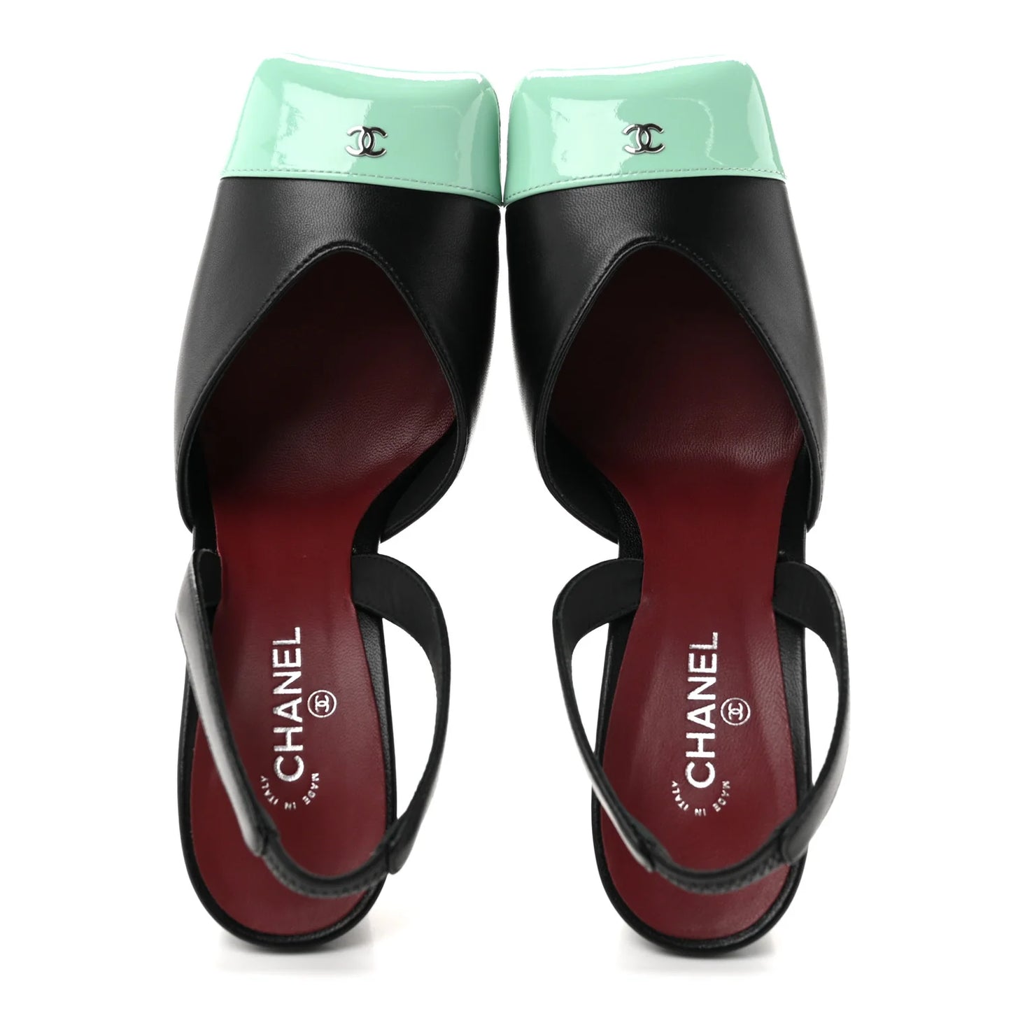 Chanel 26S Blazy Black Green Minty Square Cap Toe Sling CC Slingback Chunky Heel Pumps