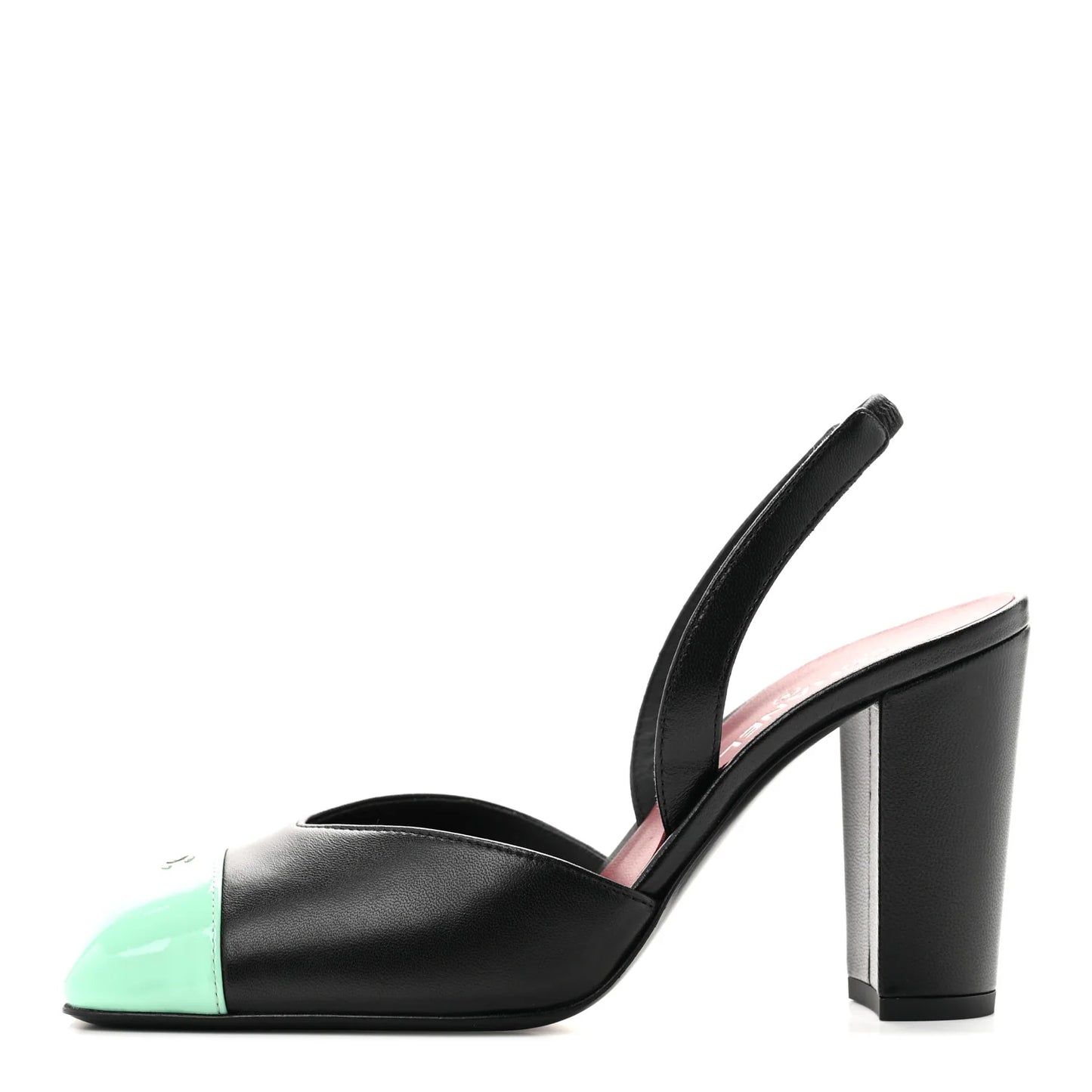 Chanel 26S Blazy Black Green Minty Square Cap Toe Sling CC Slingback Chunky Heel Pumps