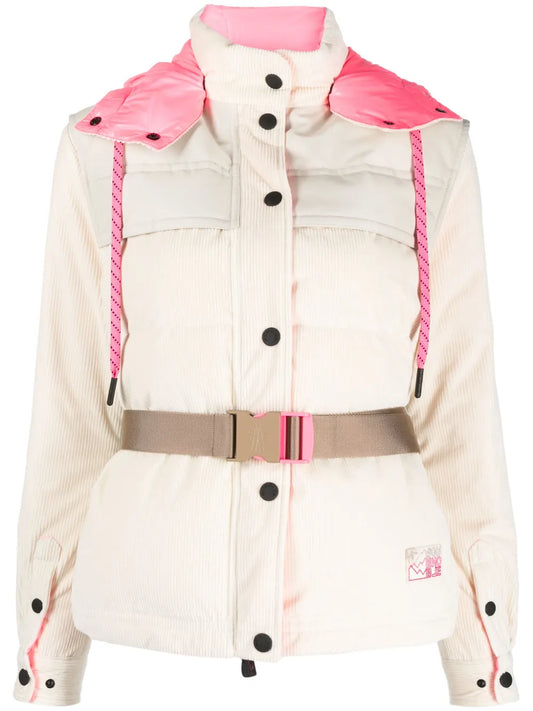 Moncler Grenoble Tetras Ivory Pink Off-White Corduroy Down Puffer Apres Ski Jacket Belt Vest Removable Sleeves
