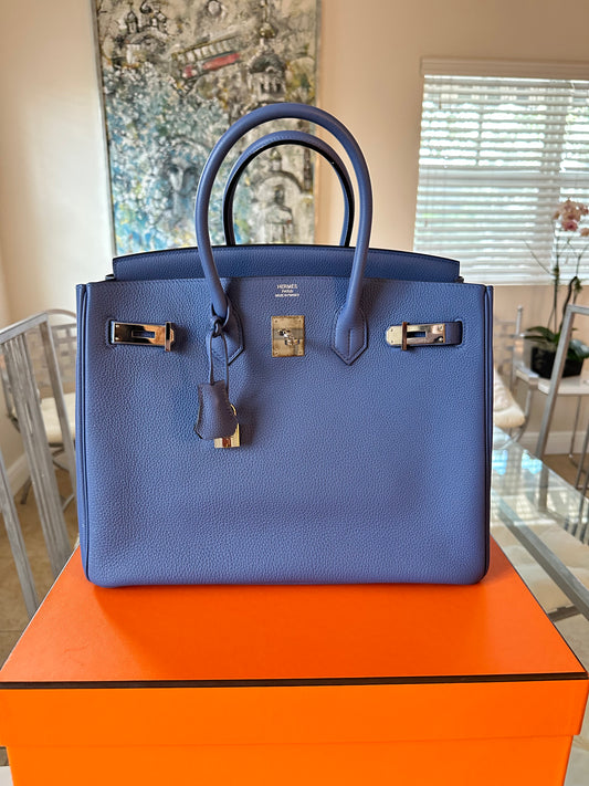 Hermes Birkin 35 Blue Bleu Brighton Togo Leather Palladium Hardware PHW Pre-Owned Bag Handbag