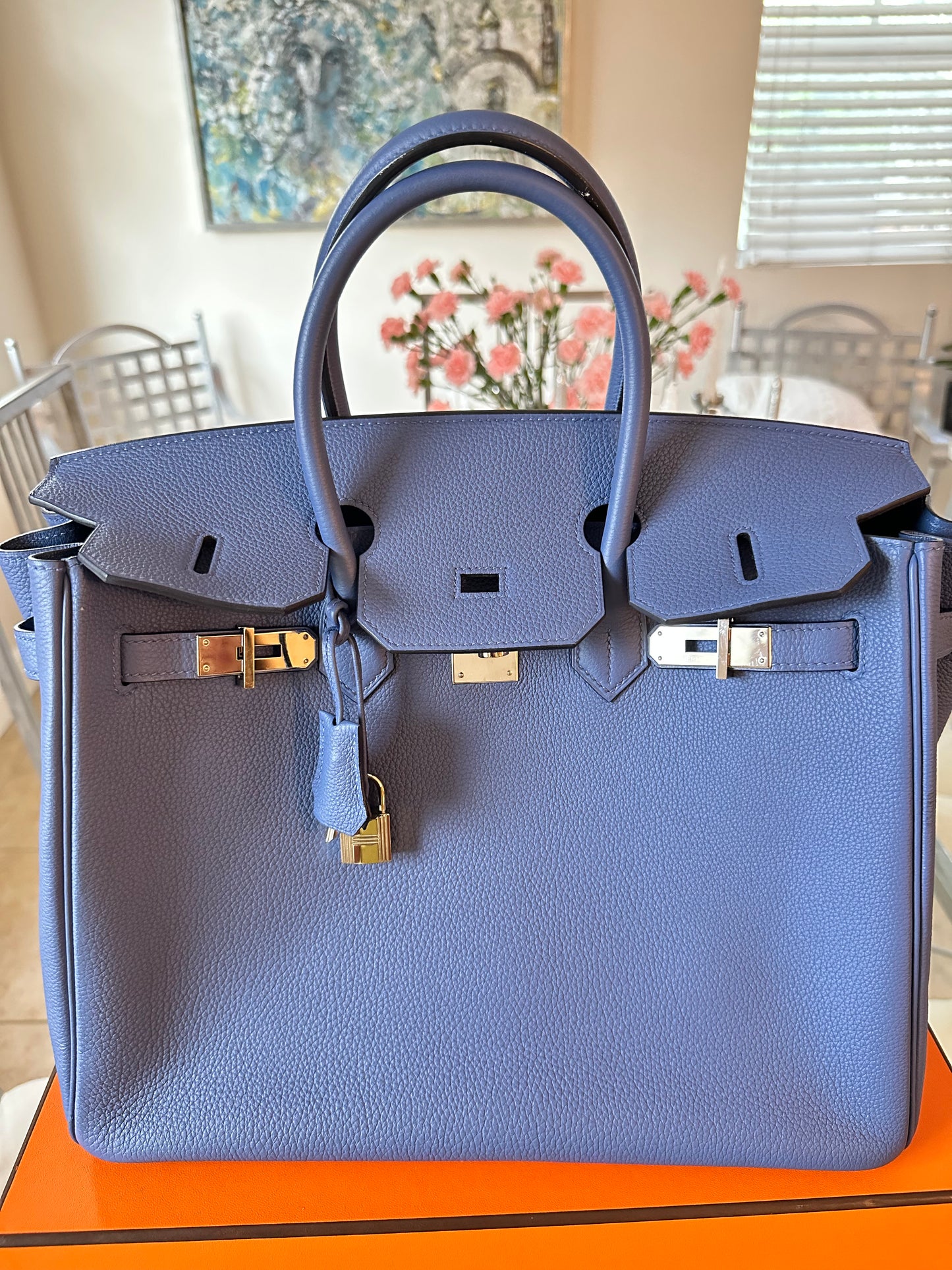 Hermes Birkin 35 Blue Bleau Brighton Togo Leather Palladium Hardware PHW Pre-Owned Bag Handbag