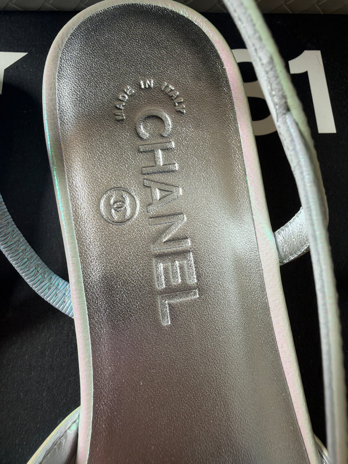 Chanel 26K Pearl White Iridescent Black Cap Toe Slingback Sling Flats