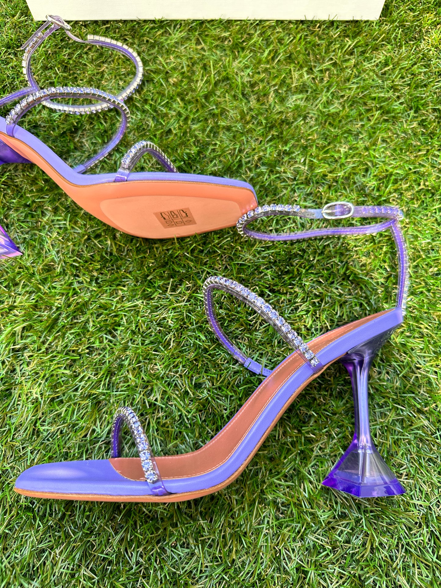 Amina Muaddi Gilda 95 Crystal Embellished Clear PVC  Plastic Heels Lilac Purple