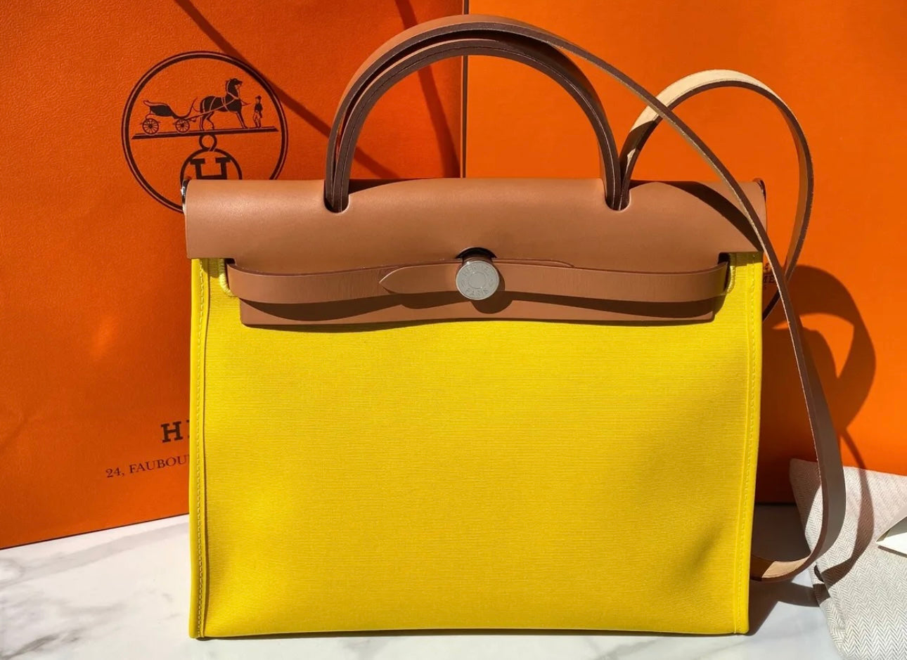 Hermès HERBAG 31 YELLOW JAUNE DE NAPLES CANVAS NATUREL LEATHER BAG Palladium HW