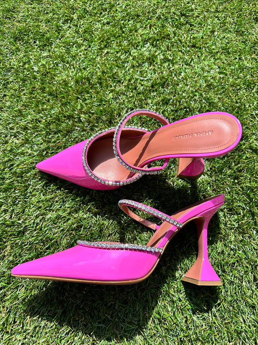 Amina Muaddi Gilda Patent Pink Pointed Toe Crystal Pumps Mules