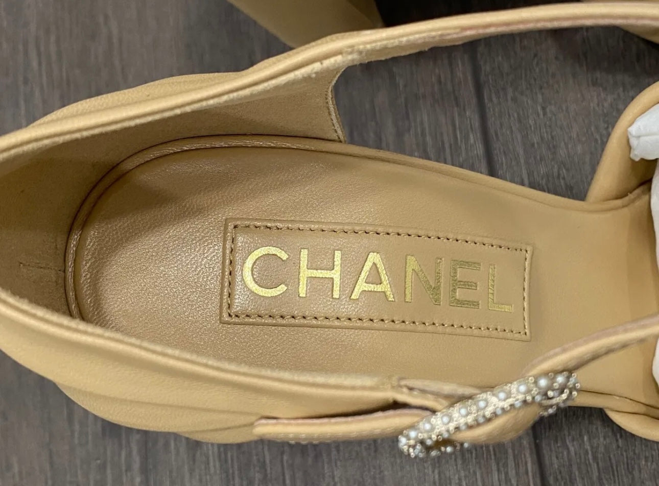 CHANEL BEIGE LEATHER PEARL CC LOGO HEELS SANDALS SHOES