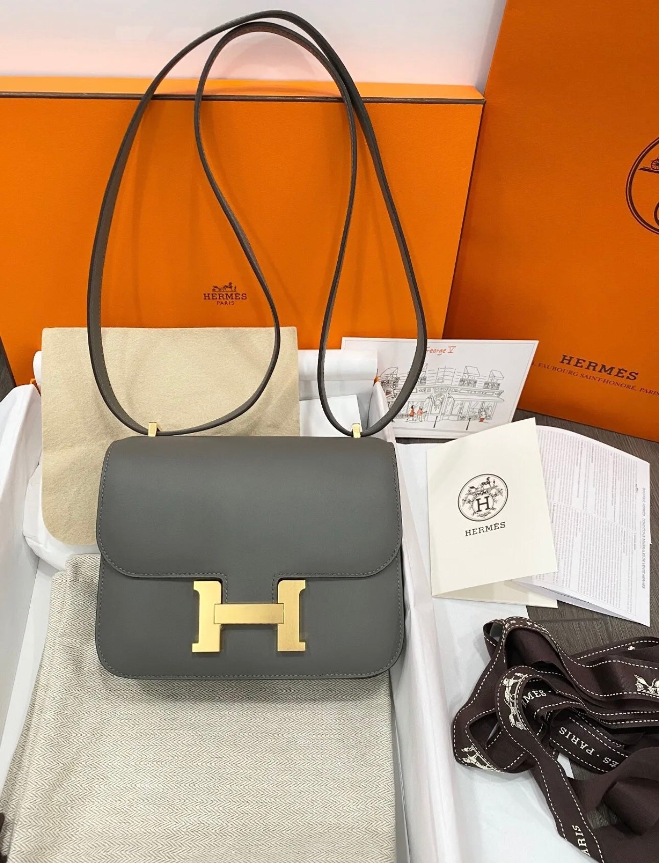 Hermès CONSTANCE 18 MINI MIRROR GRAY GRIS MEYER VEAU SWIFT LEATHER BAG GHW