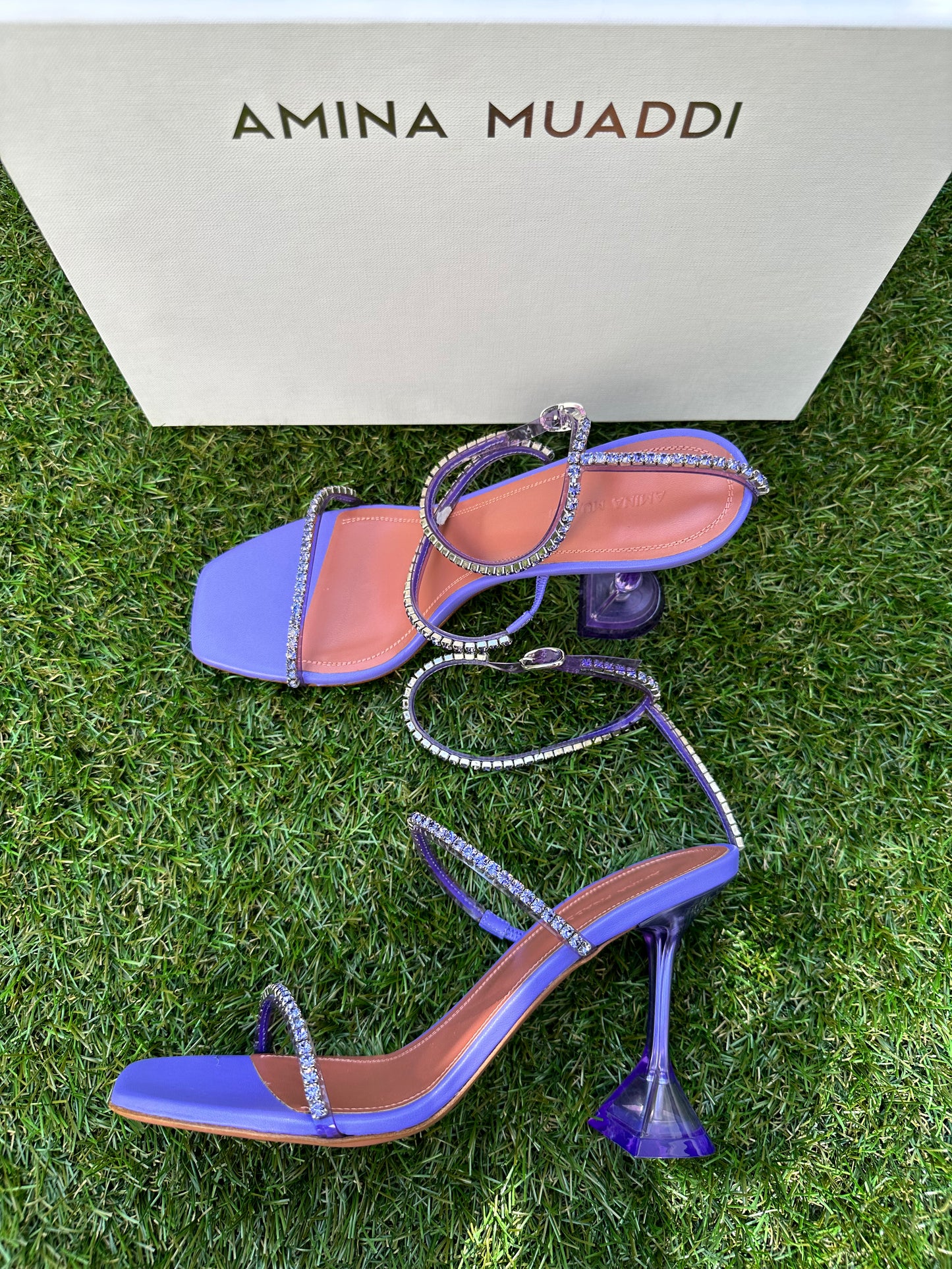 Amina Muaddi Gilda 95 Crystal Embellished Clear PVC  Plastic Heels Lilac Purple