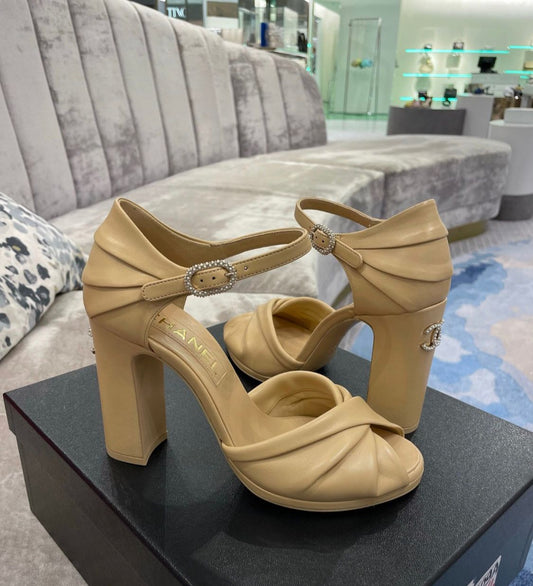 CHANEL BEIGE LEATHER PEARL CC LOGO HEELS SANDALS SHOES