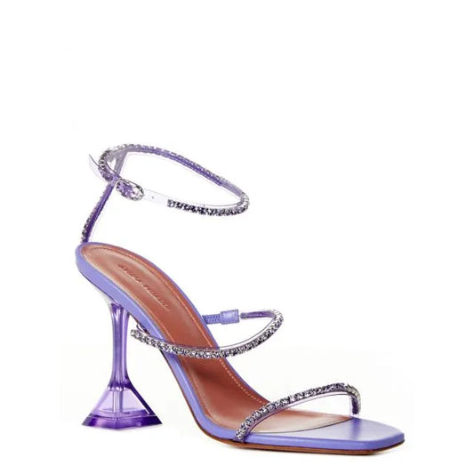 Amina Muaddi Gilda 95 Crystal Embellished Clear PVC  Plastic Heels Lilac Purple