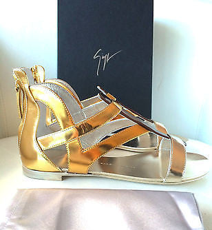 GIUSEPPE ZANOTTI METALLIC FLAT GLADIATOR GOLD SILVER SANDALS SHOES