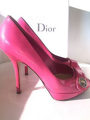 DIOR MISS DIOR HOT PINK PATENT LEATHER PLATFORM PEEP OPEN TOE PUMP SHOES PRE-OWNED