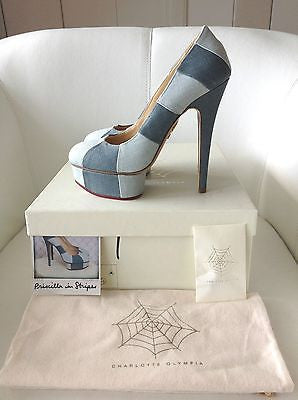 CHARLOTTE OLYMPIA PRISCILLA IN STRIPES BLUE LINEN PLATFORM SHOES