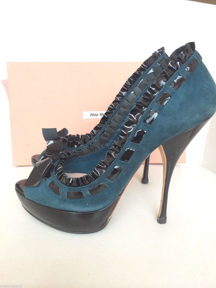 MIU MIU SUEDE TEAL BLACK PLATFORM BOW RUFFLE PATENT OPEN PEEP TOE PUMPS SHOES PRE-OWNED