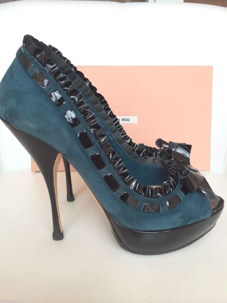 MIU MIU SUEDE TEAL BLACK PLATFORM BOW RUFFLE PATENT OPEN PEEP TOE PUMPS SHOES PRE-OWNED