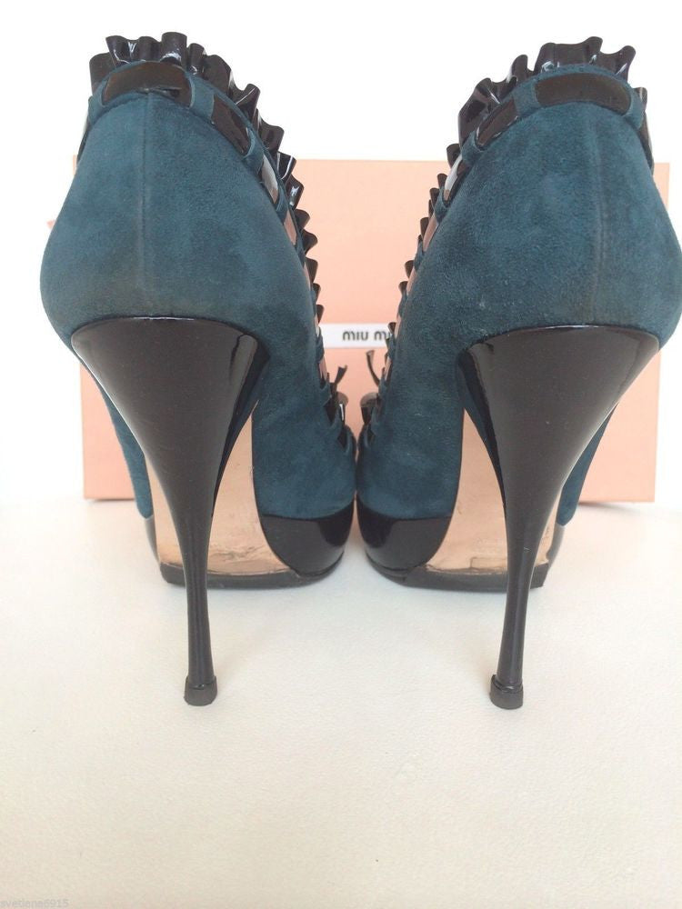 MIU MIU SUEDE TEAL BLACK PLATFORM BOW RUFFLE PATENT OPEN PEEP TOE PUMPS SHOES PRE-OWNED