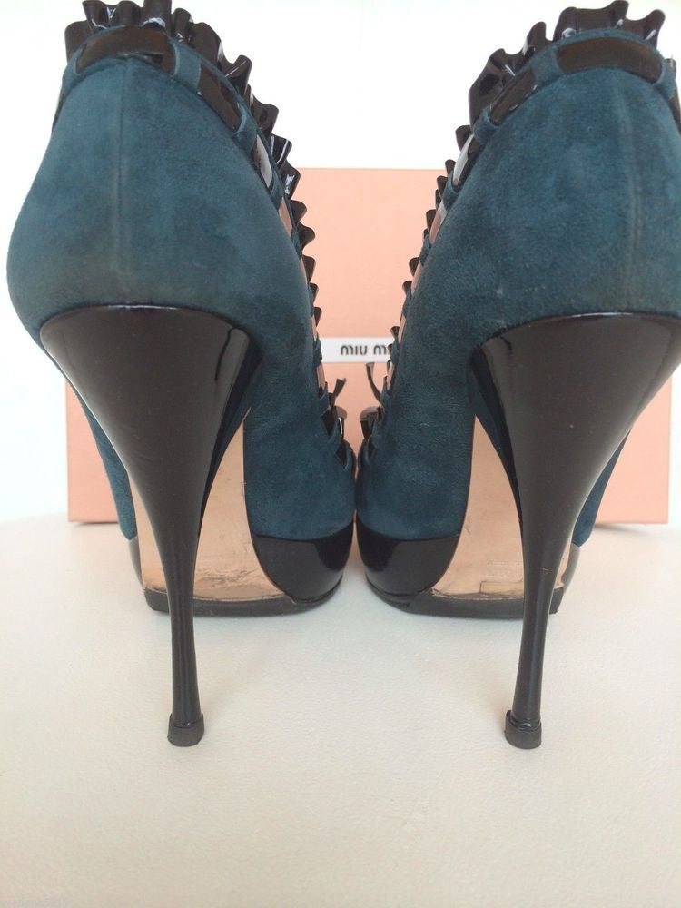 MIU MIU SUEDE TEAL BLACK PLATFORM BOW RUFFLE PATENT OPEN PEEP TOE PUMPS SHOES PRE-OWNED