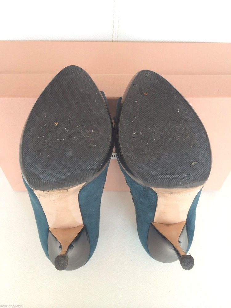 MIU MIU SUEDE TEAL BLACK PLATFORM BOW RUFFLE PATENT OPEN PEEP TOE PUMPS SHOES PRE-OWNED