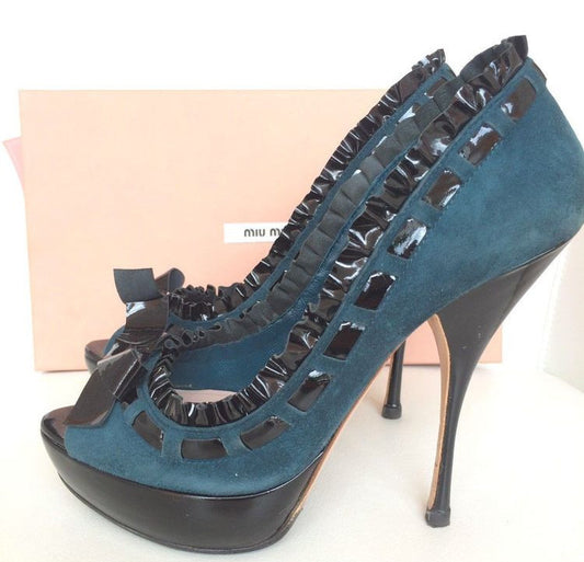 MIU MIU SUEDE TEAL BLACK PLATFORM BOW RUFFLE PATENT OPEN PEEP TOE PUMPS SHOES PRE-OWNED