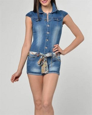 CARLA GIANNINI DENIM ROMPER JUMPSUIT BLUE CAP SLEEVE SCARF BELT BUTTON DOWN S