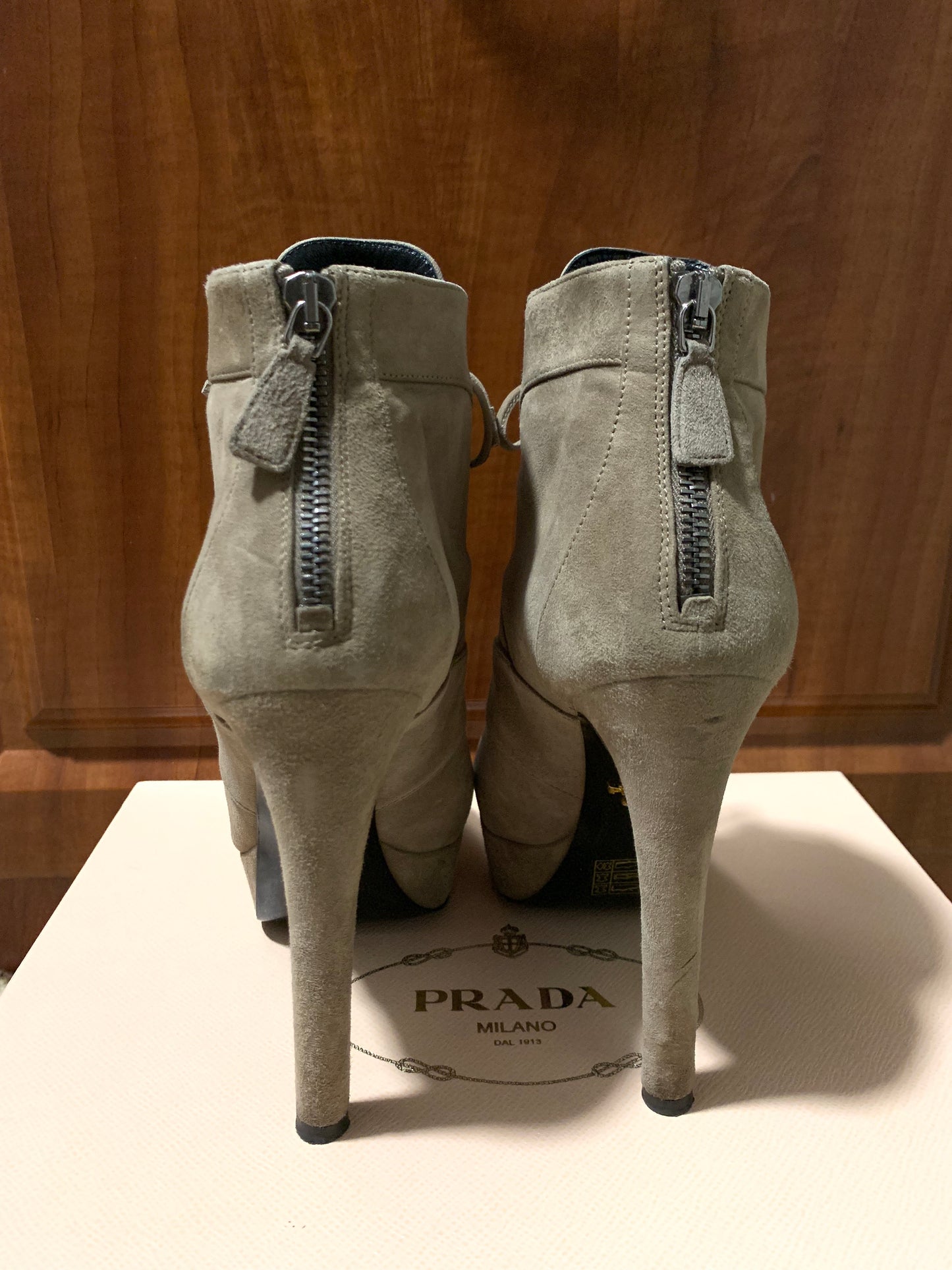 Prada 135mm Gray Taupe Platform Suede Lace Up Bambu Zip Ankle Booties Boots