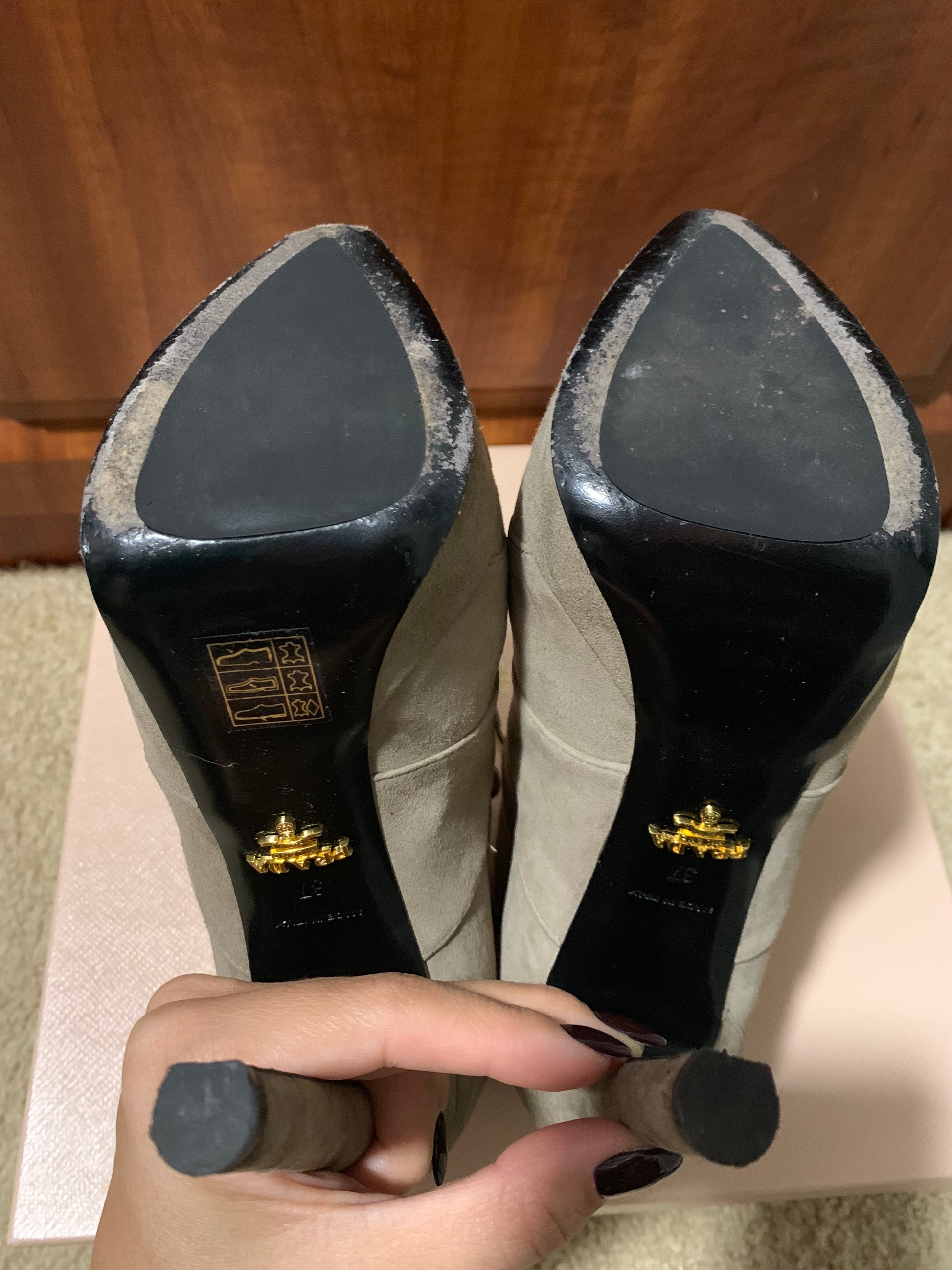 Prada 135mm Gray Taupe Platform Suede Lace Up Bambu Zip Prada 135mm Gray Taupe Platform Suede Lace Up Bambu Zip