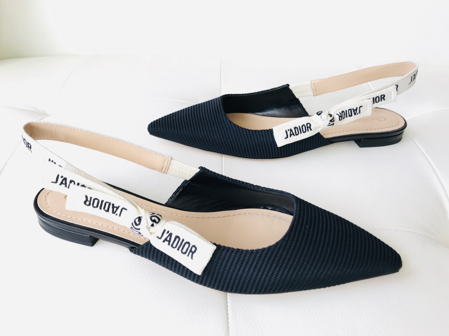 DIOR J'ADIOR Black Fabric Textured Technical Canvas Slingback Flats Shoes