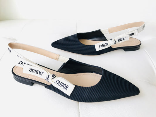 DIOR J'ADIOR Black Fabric Textured Technical Canvas Slingback Flats Shoes