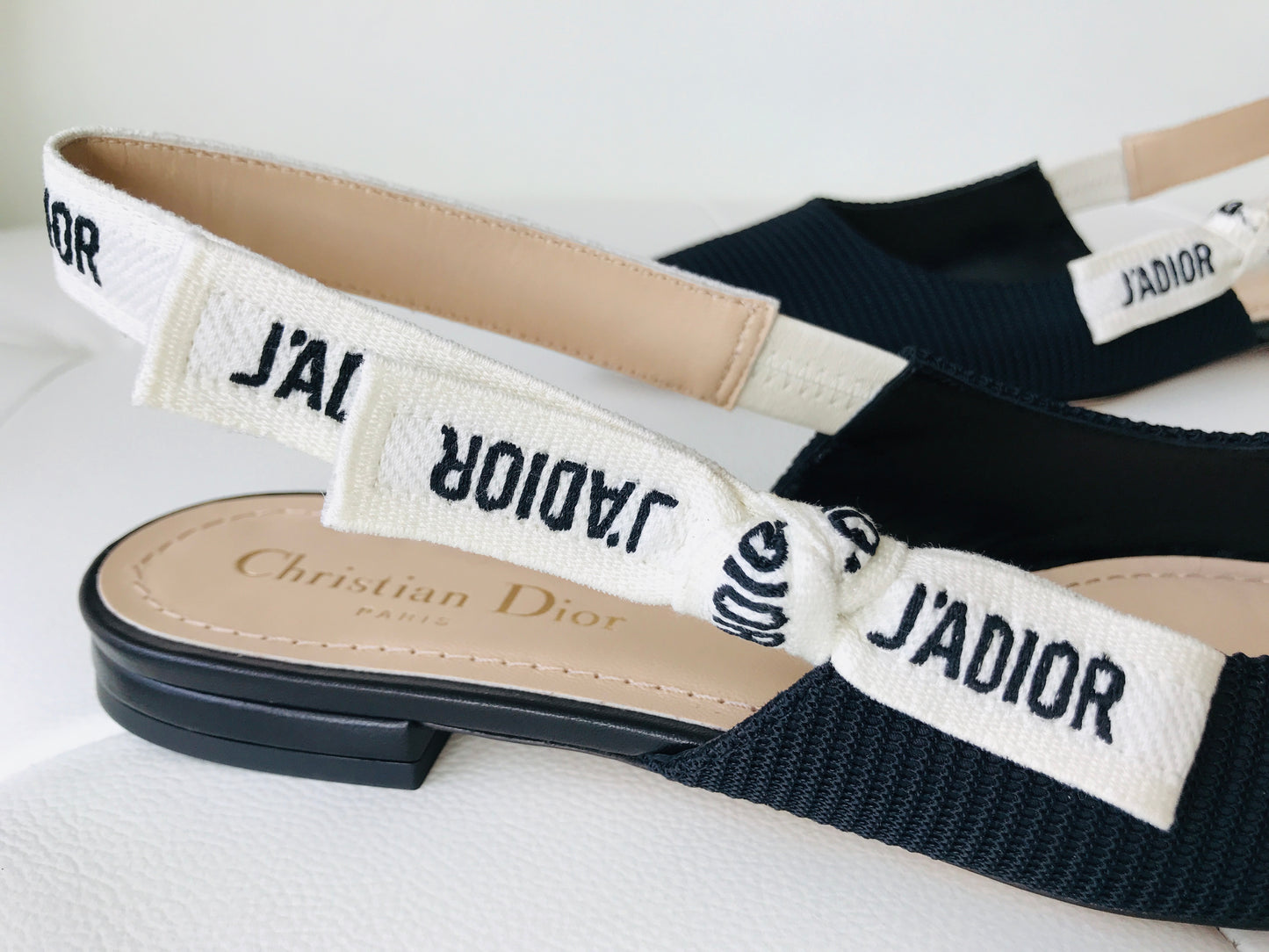 DIOR J'ADIOR Black Fabric Textured Technical Canvas Slingback Flats Shoes