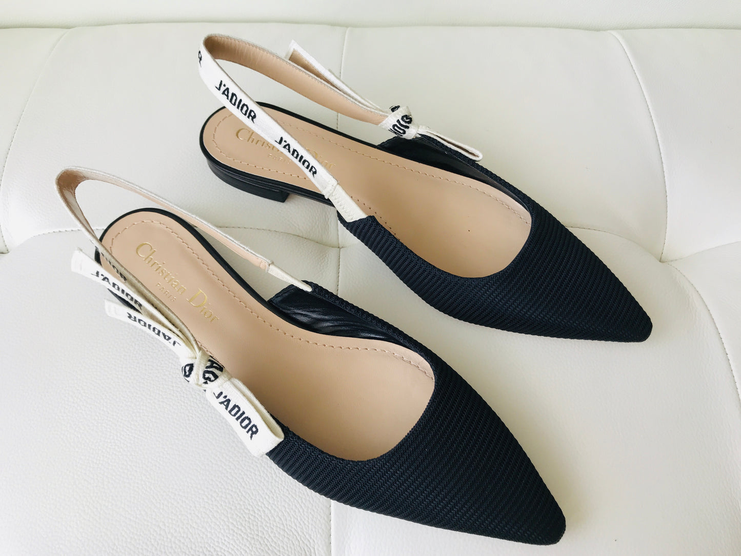 DIOR J'ADIOR Black Fabric Textured Technical Canvas Slingback Flats Shoes