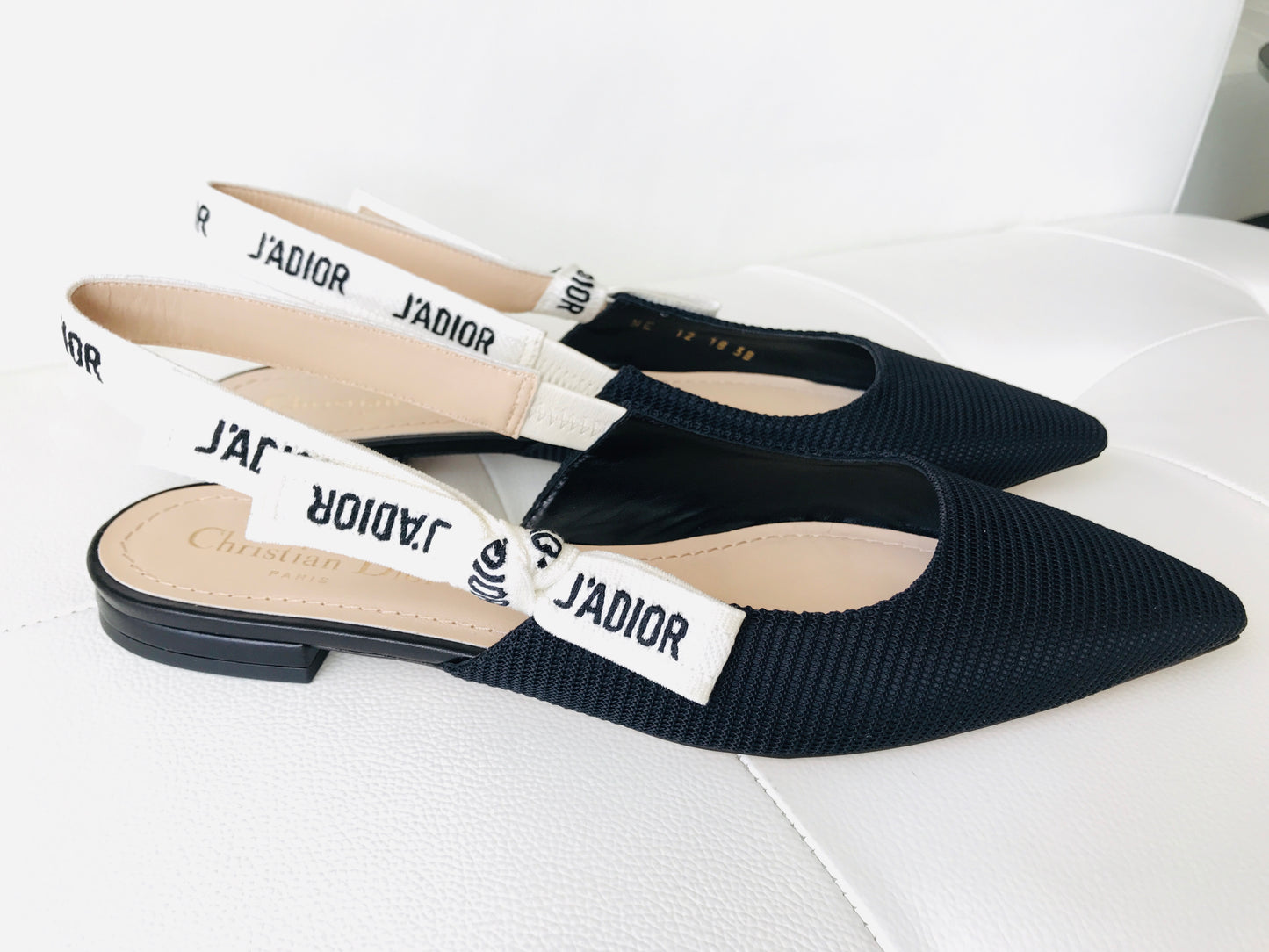 DIOR J'ADIOR Black Fabric Textured Technical Canvas Slingback Flats Shoes