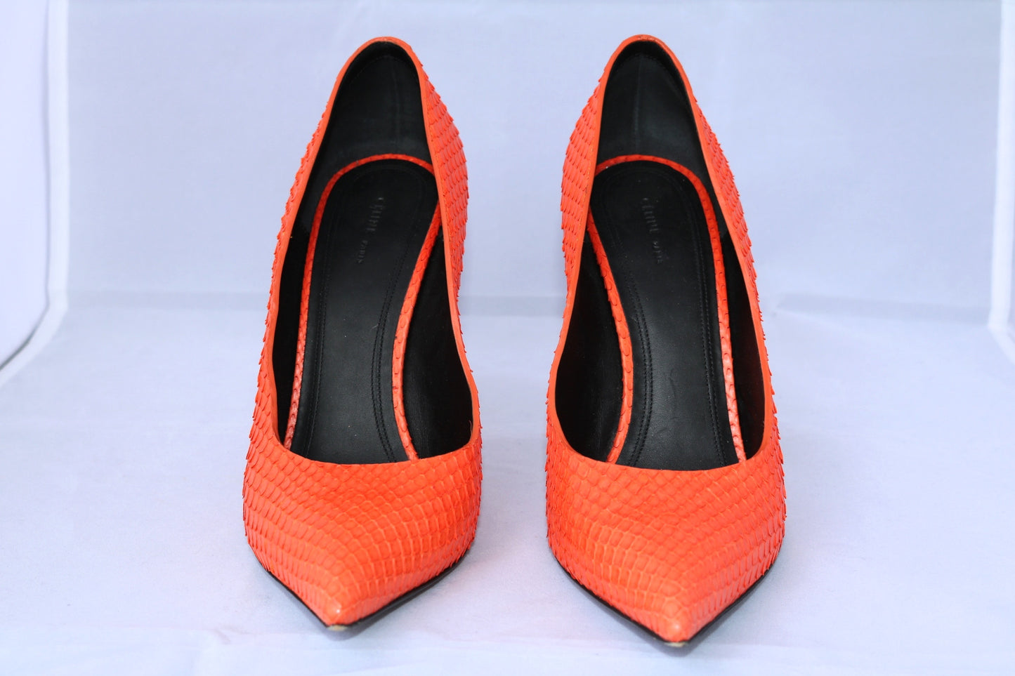 CELINE PYTHON ORANGE HOT CLASSIC SNAKESKIN SNAKE POINTED PUMPS PUMP SHOES PRE-OWNED 37.5