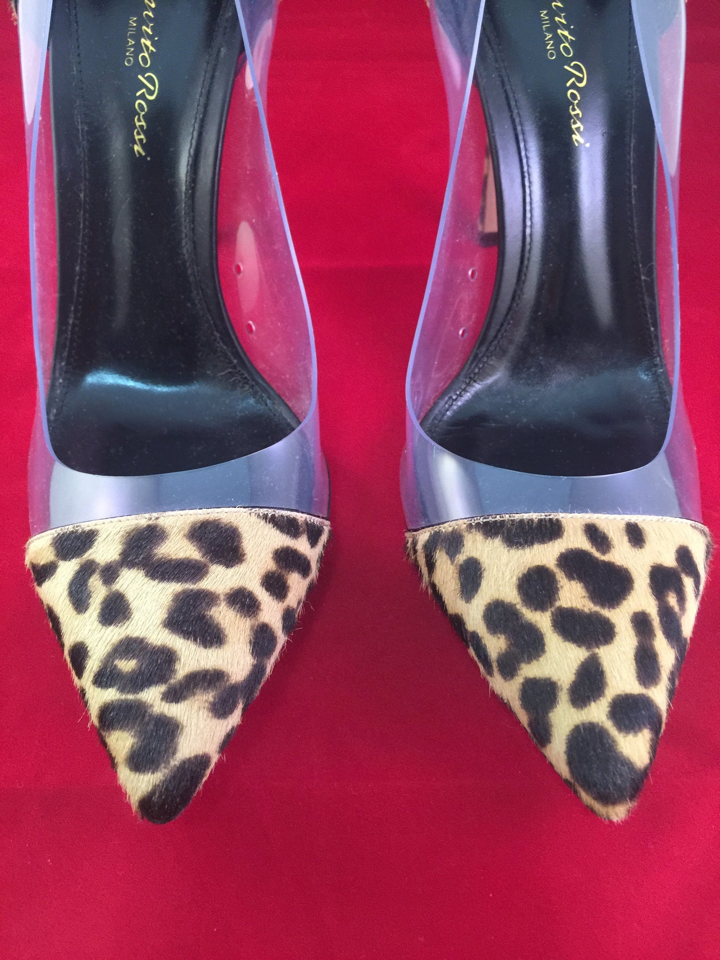 GIANVITO ROSSI 100 LEOPARD PONY HAIR CLASSIC PVC TRANSPARENT PUMPS SHOES WORN INDOORS