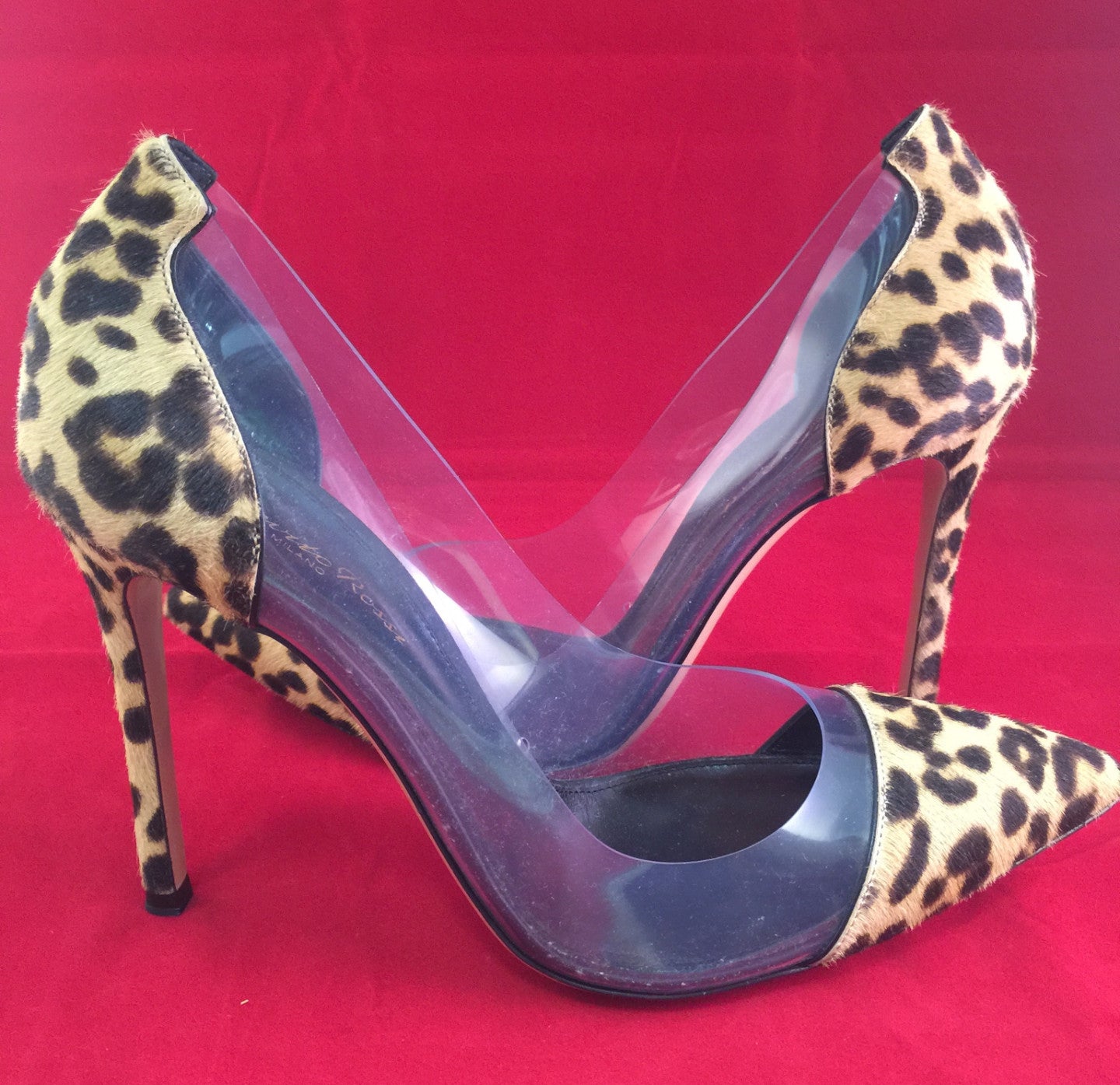 GIANVITO ROSSI 100 LEOPARD PONY HAIR CLASSIC PVC TRANSPARENT PUMPS SHOES WORN INDOORS