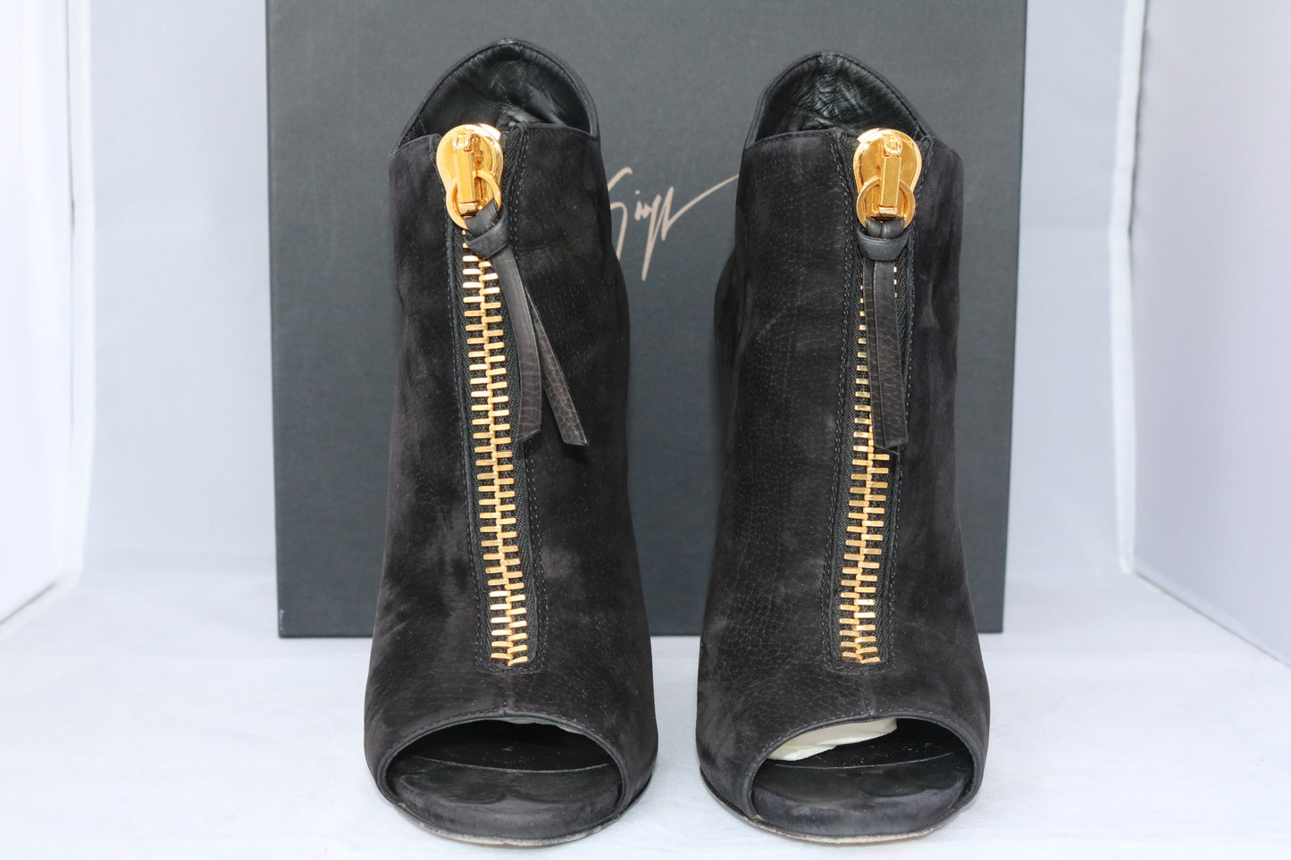 GIUSEPPE ZANOTTI SUEDE BLACK NUBUCK OPEN TOE GOLD ZIPPER ANKLE BOOTIES BOOTS