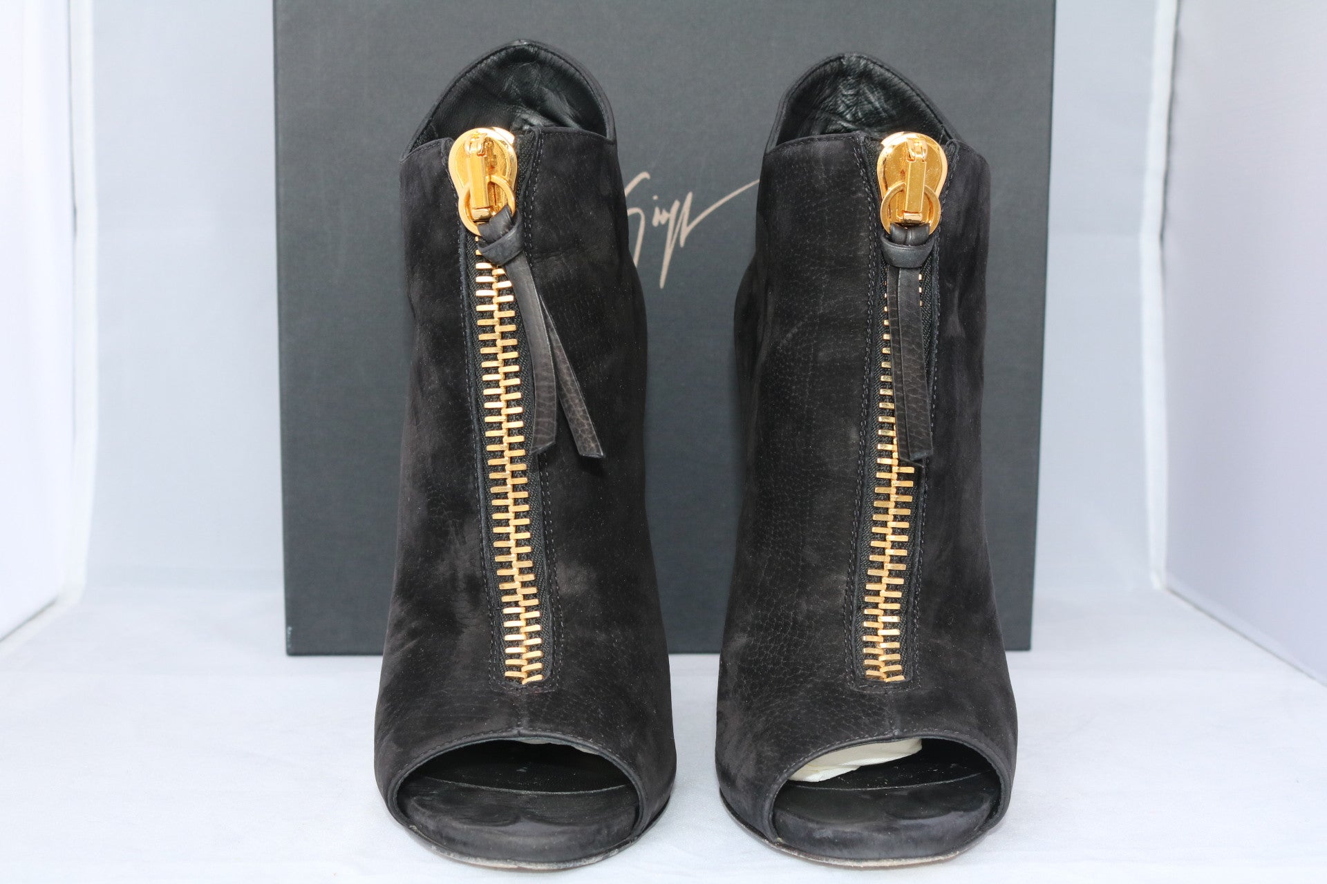 GIUSEPPE ZANOTTI SUEDE BLACK NUBUCK OPEN TOE GOLD ZIPPER ANKLE BOOTIES –  Miami Lux Boutique