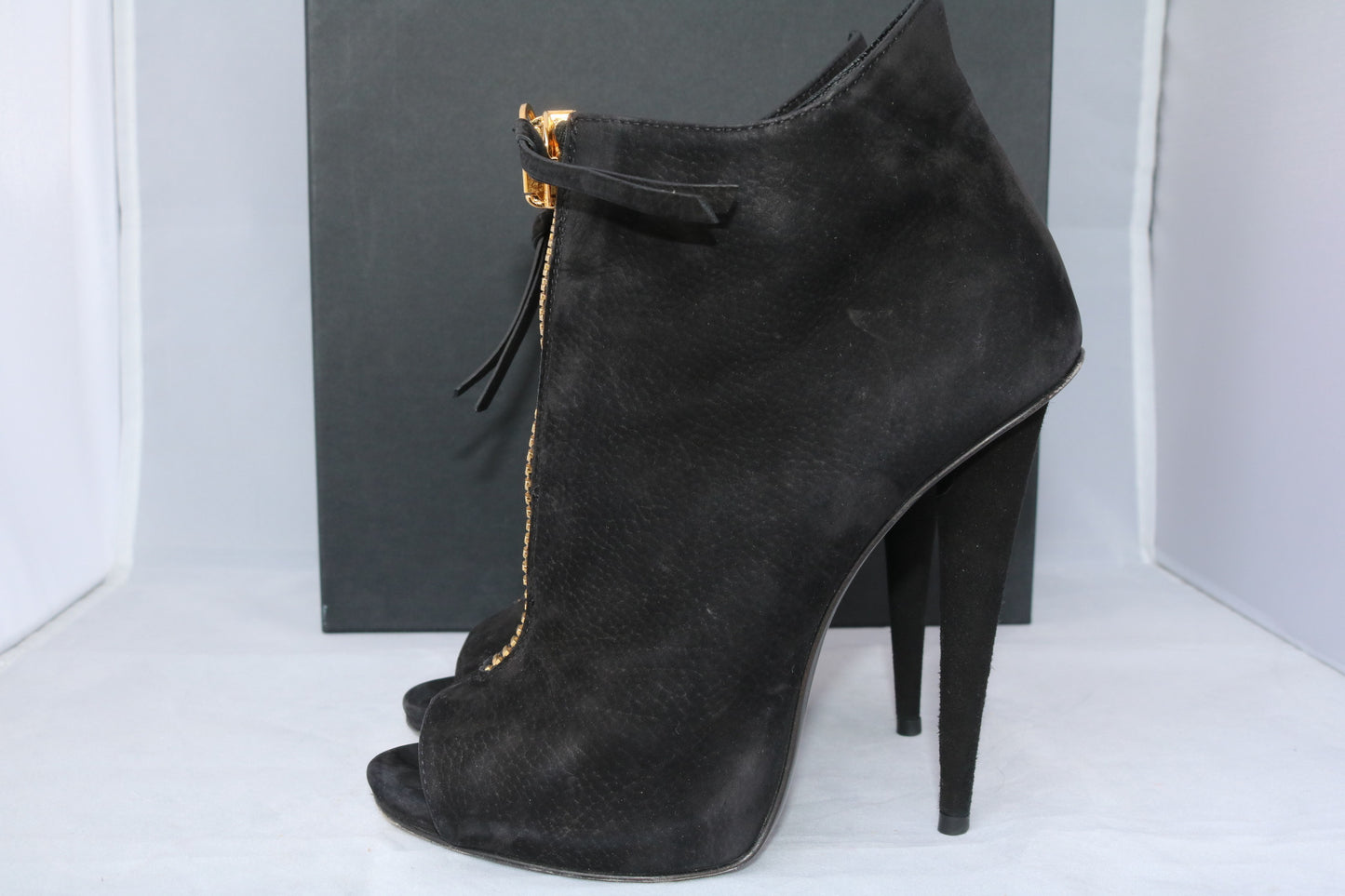 GIUSEPPE ZANOTTI SUEDE BLACK NUBUCK OPEN TOE GOLD ZIPPER ANKLE BOOTIES BOOTS